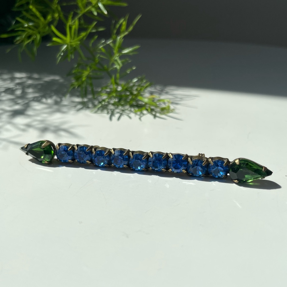 Vintage Blue and Green Rhinestone Bar Brooch Pin